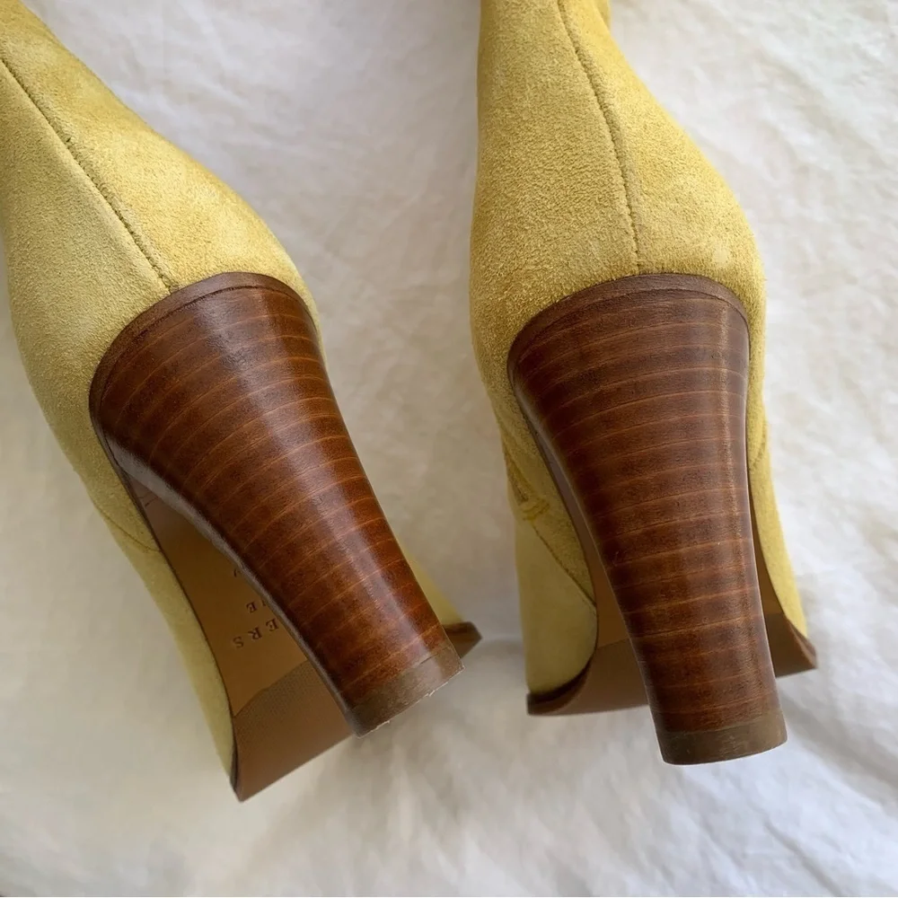Sezane Anaelle Thigh High Suede Leather Over The Knee Pointy Boots Lemon Yellow